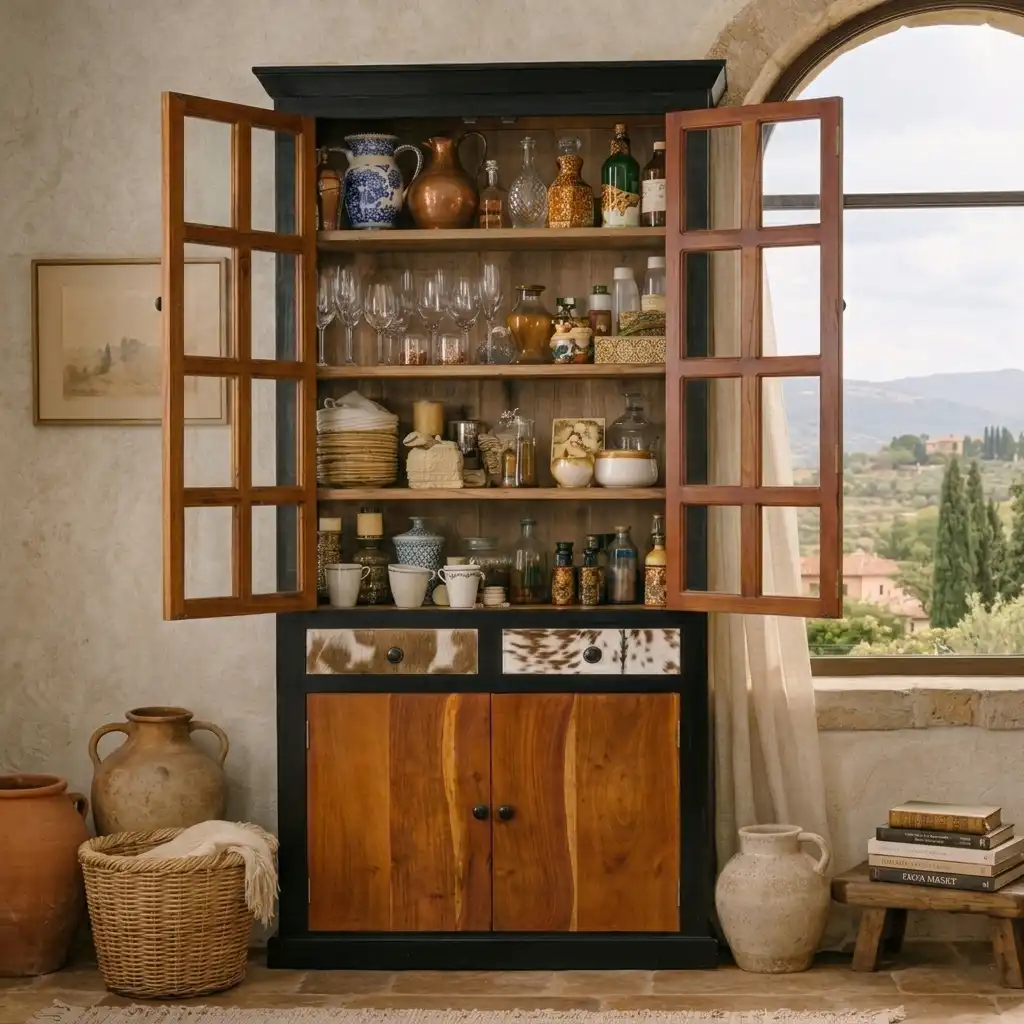 THE AMANI SOLID ACACIA & GENUINE LEATHER GLASS CABINET | خزانة أماني من خشب الأكاسيا والجلد الطبيعي والزجاج