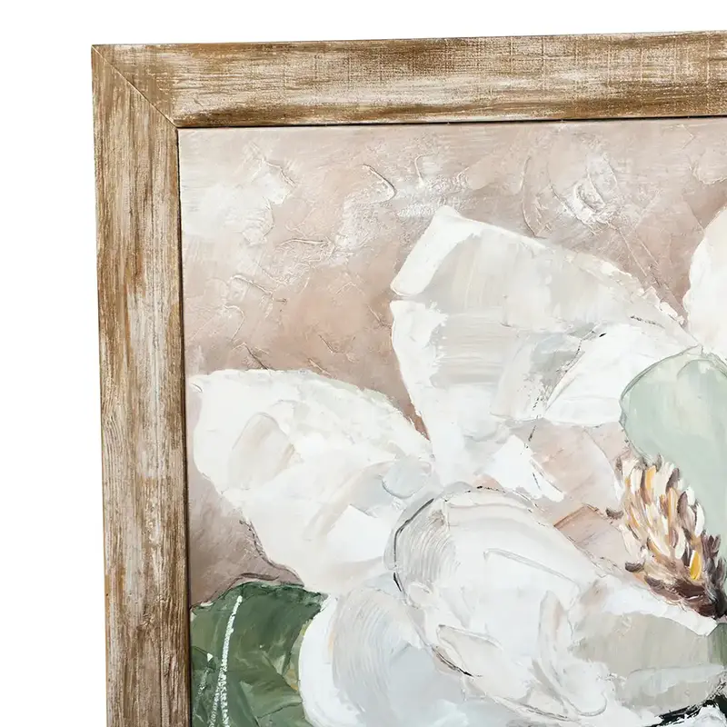 Magnolia Blossom Floral Textured Painting with Wood Look Frame
