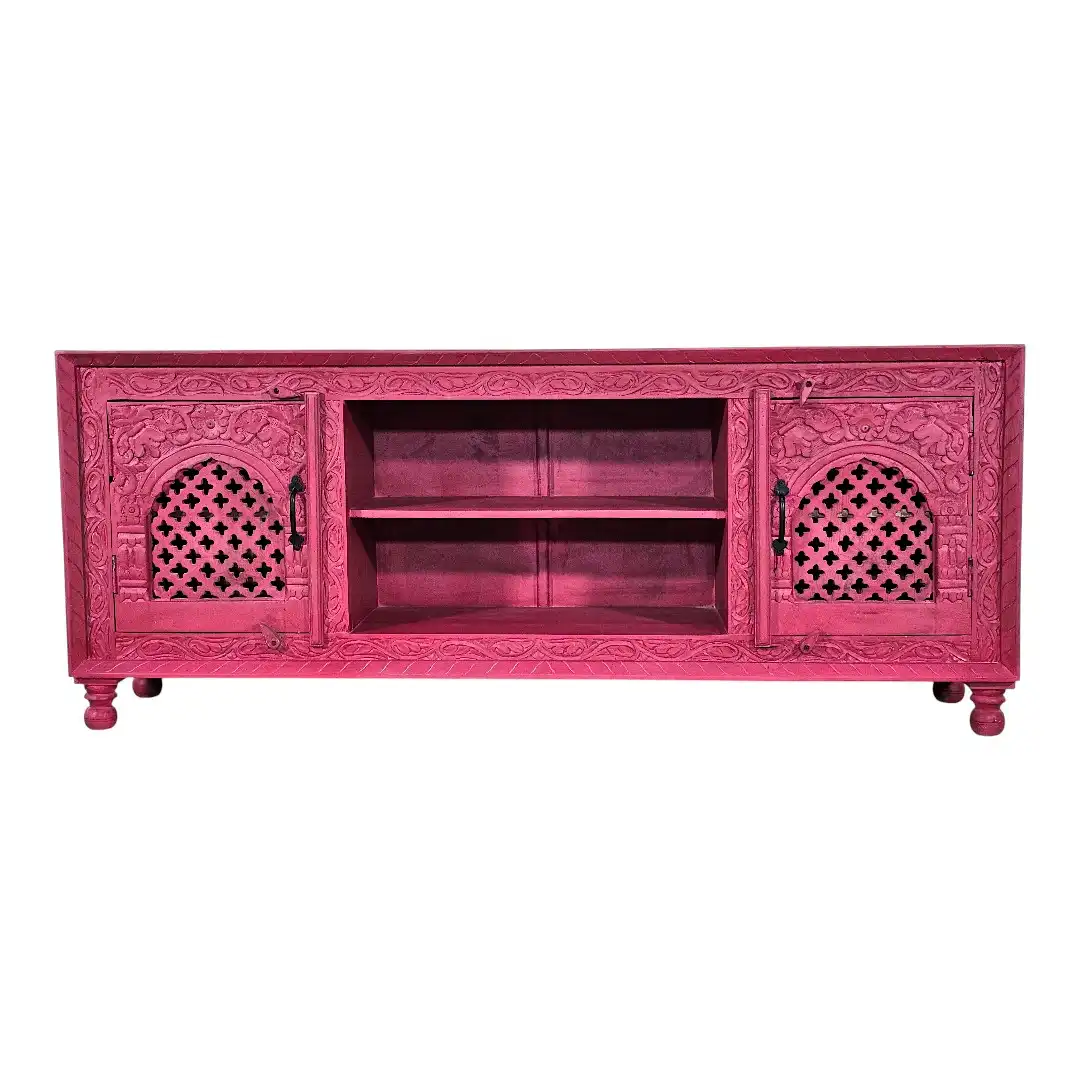 TV bench with intricate hand-carving, natural finish