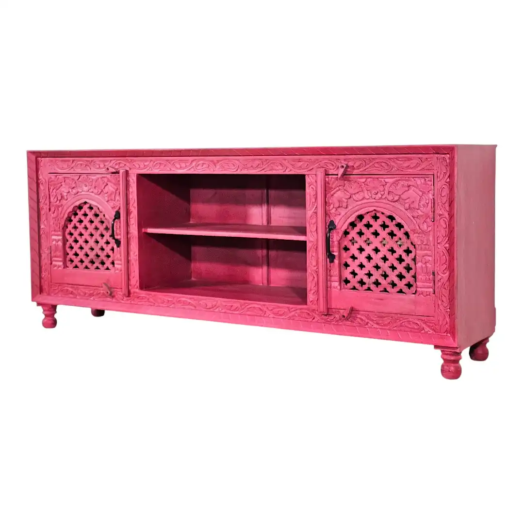 TV bench with intricate hand-carving, natural finish