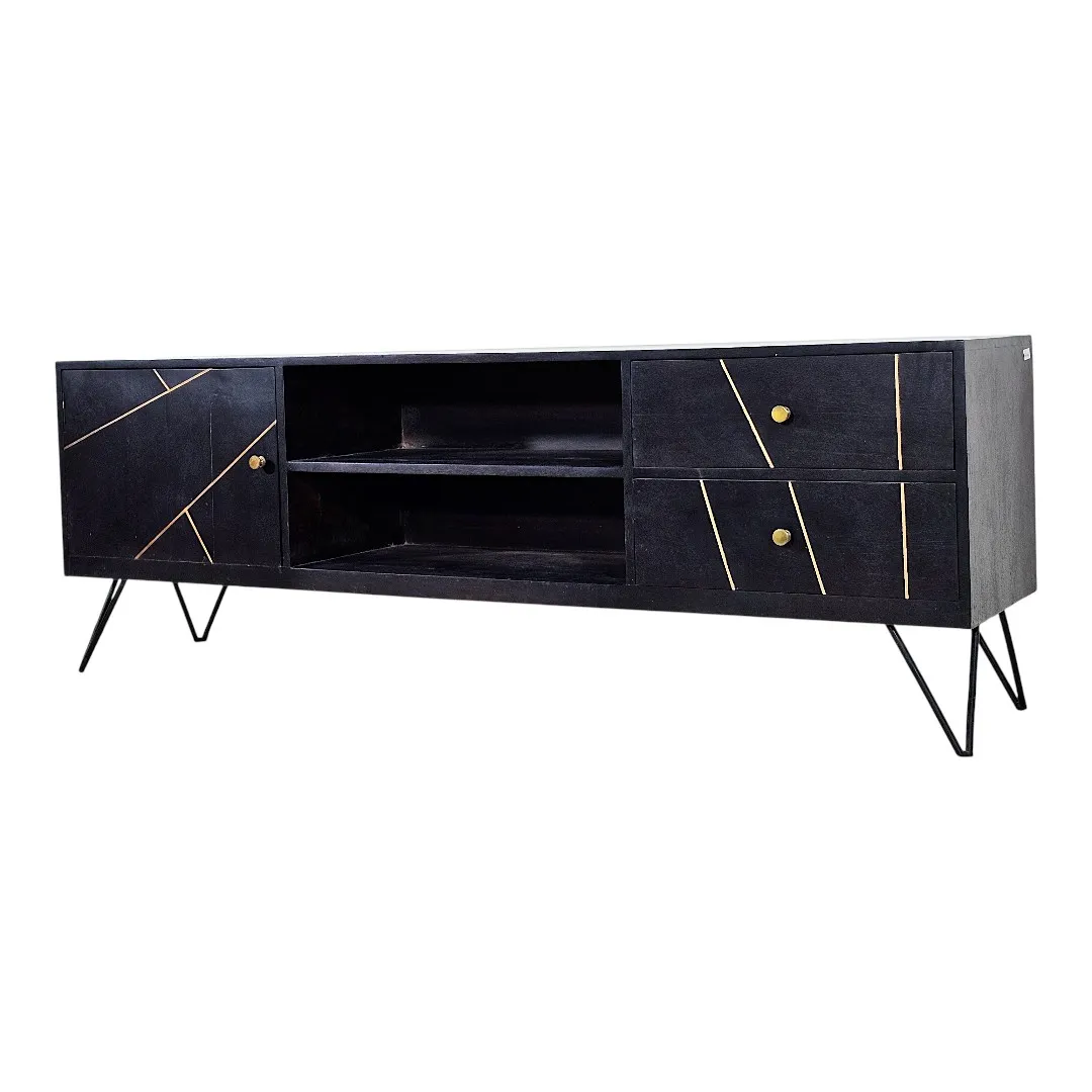 "Aura" Brass-Ribbed Mango Console / وحدة تلفاز "أورا" بالخشب والنحاس