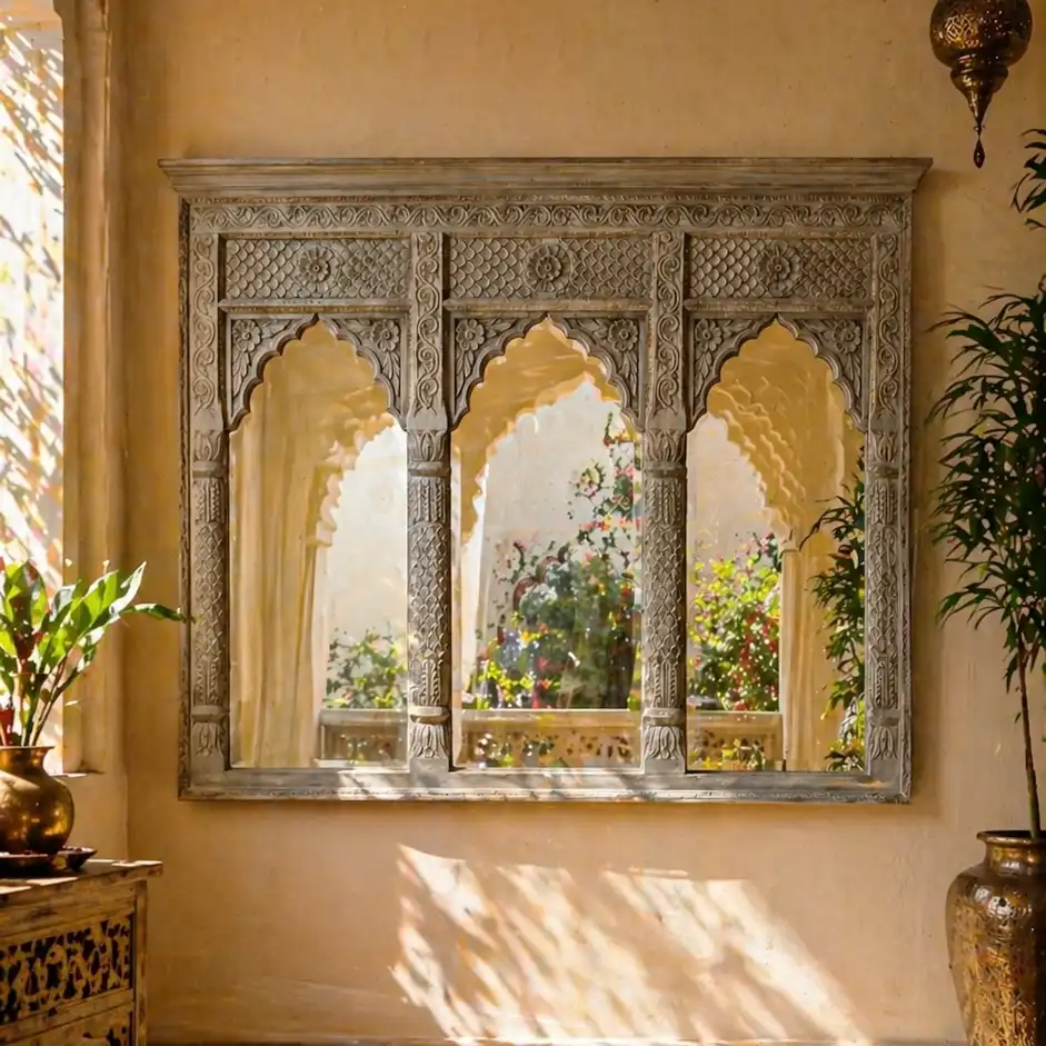 Mughal Arcadian Hand-Carved Mirror