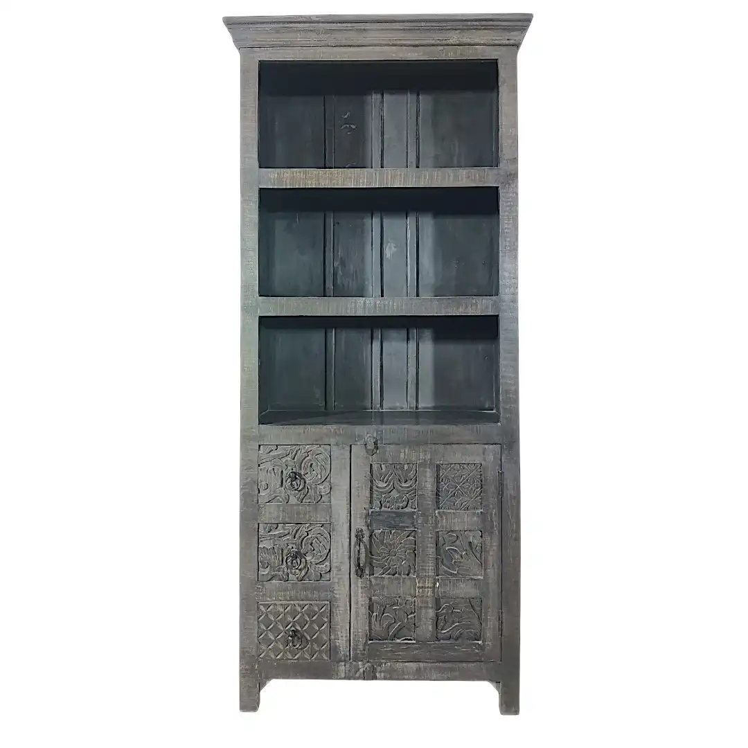 The Avalon Carved Solid Mango Bookcase Cabinet | خزانة كتب أفالون المنحوتة من المانجو