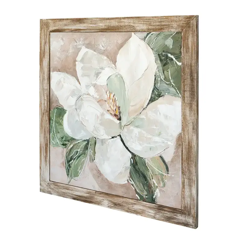 Magnolia Blossom Floral Textured Painting with Wood Look Frame