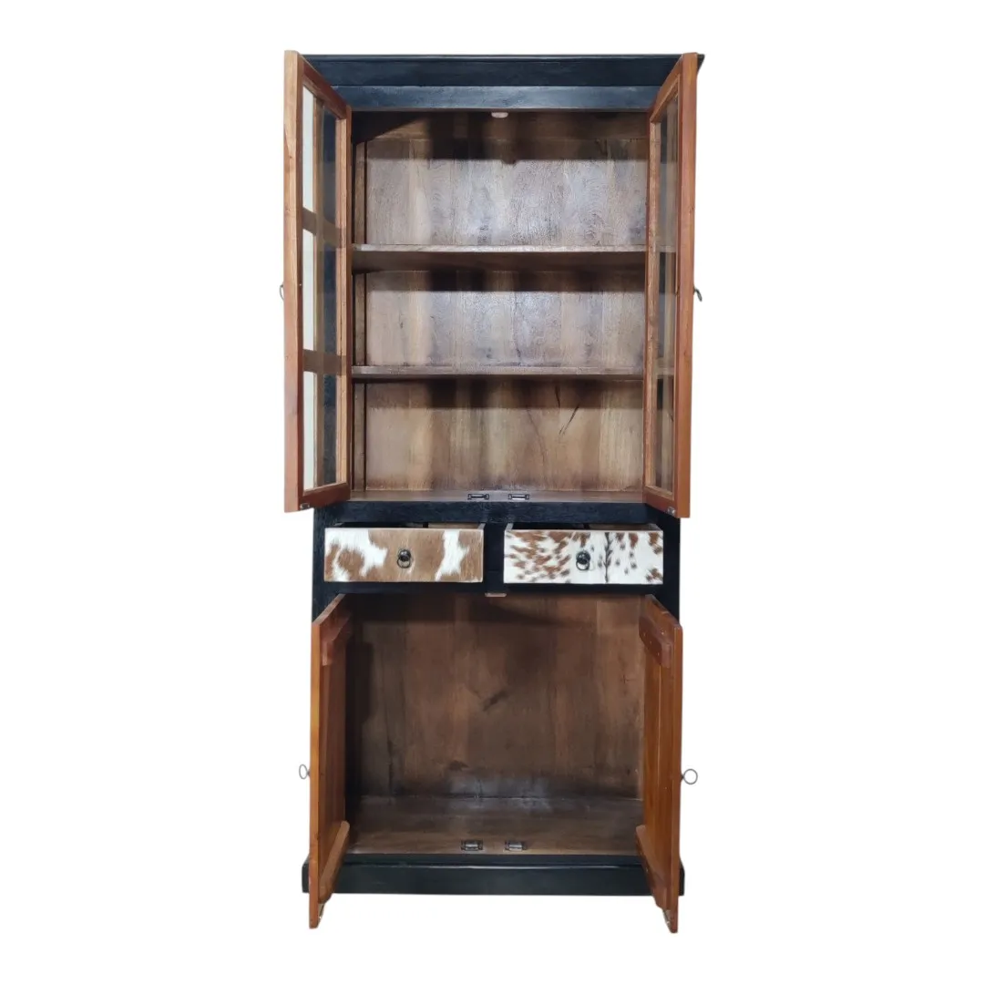THE AMANI SOLID ACACIA & GENUINE LEATHER GLASS CABINET | خزانة أماني من خشب الأكاسيا والجلد الطبيعي والزجاج