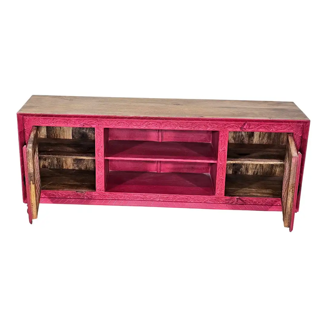 TV bench with intricate hand-carving, natural finish