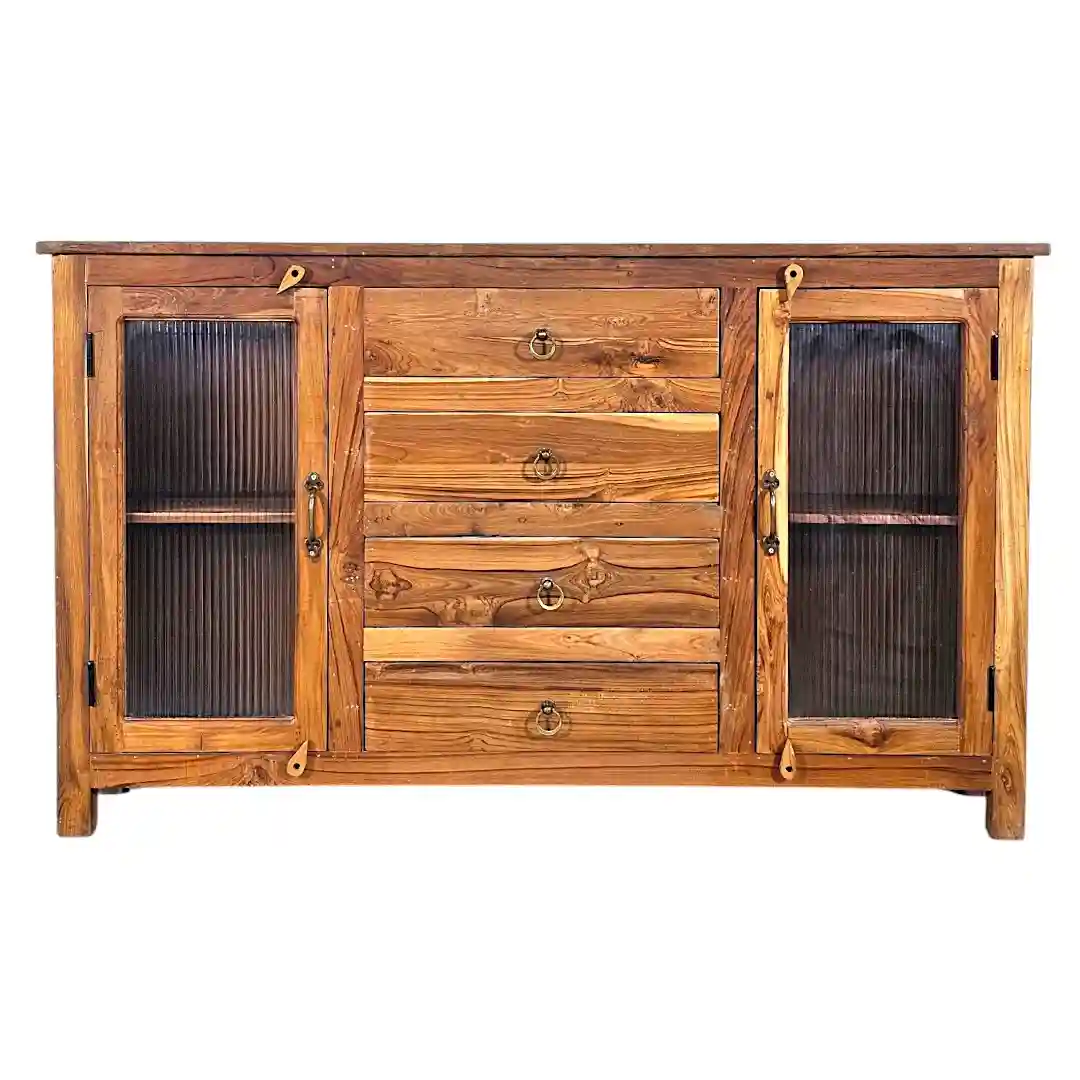 The Malabar Warm Teak and Reeded Glass Sideboard