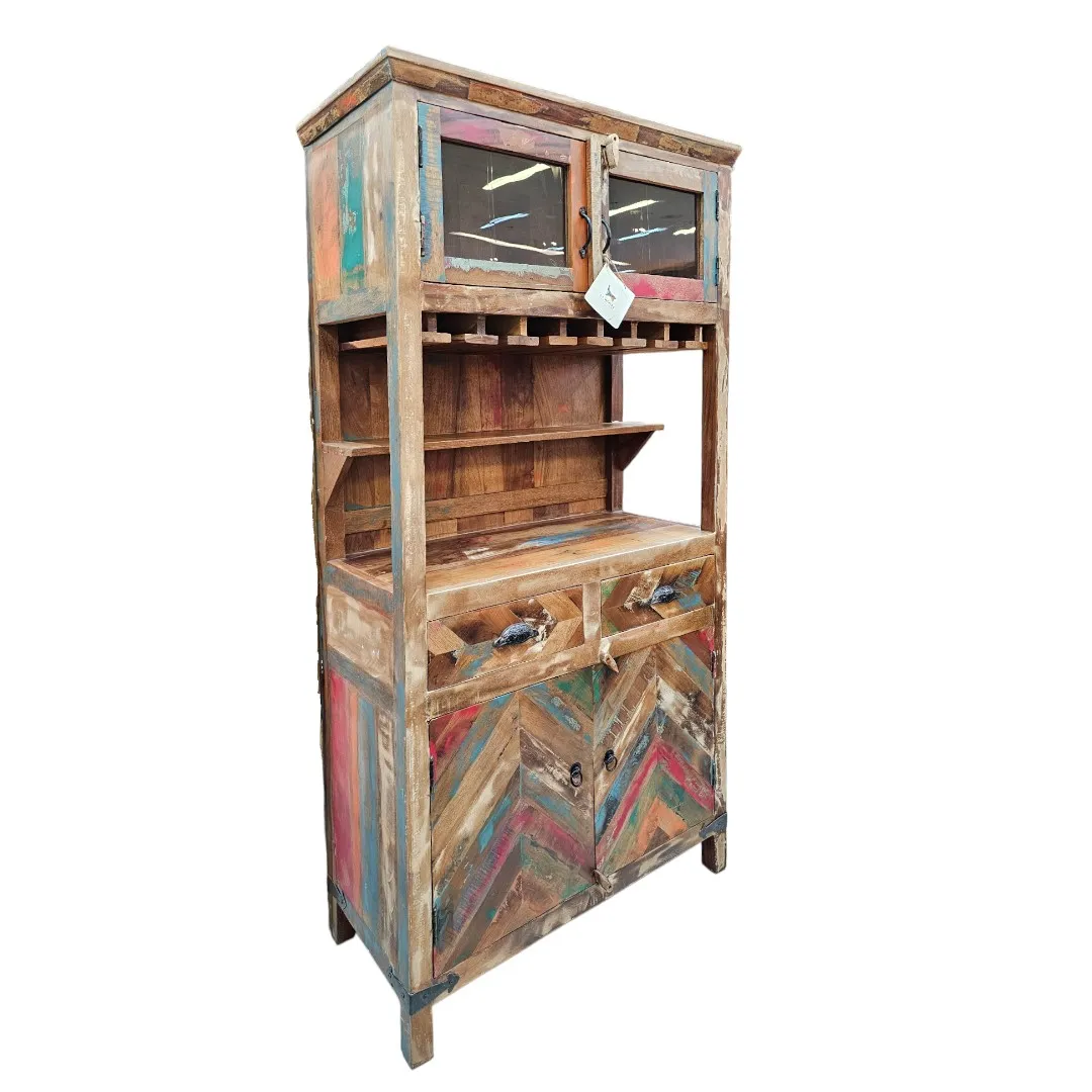 Reclaimed Wood Heritage Bar Hutch – Multicolor Chevron Finish