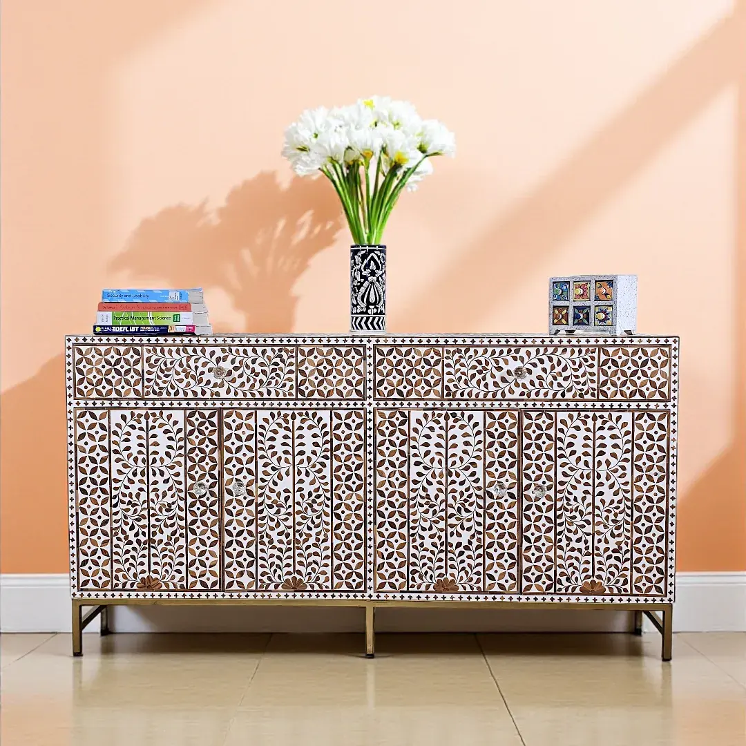 'Seville' Leaf Pattern Teak Inlay Sideboard