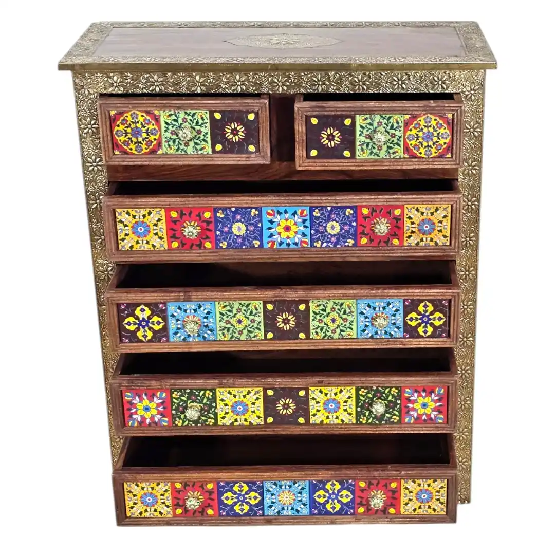 Hand-Inlaid Tile & Brass Rosewood Dresser