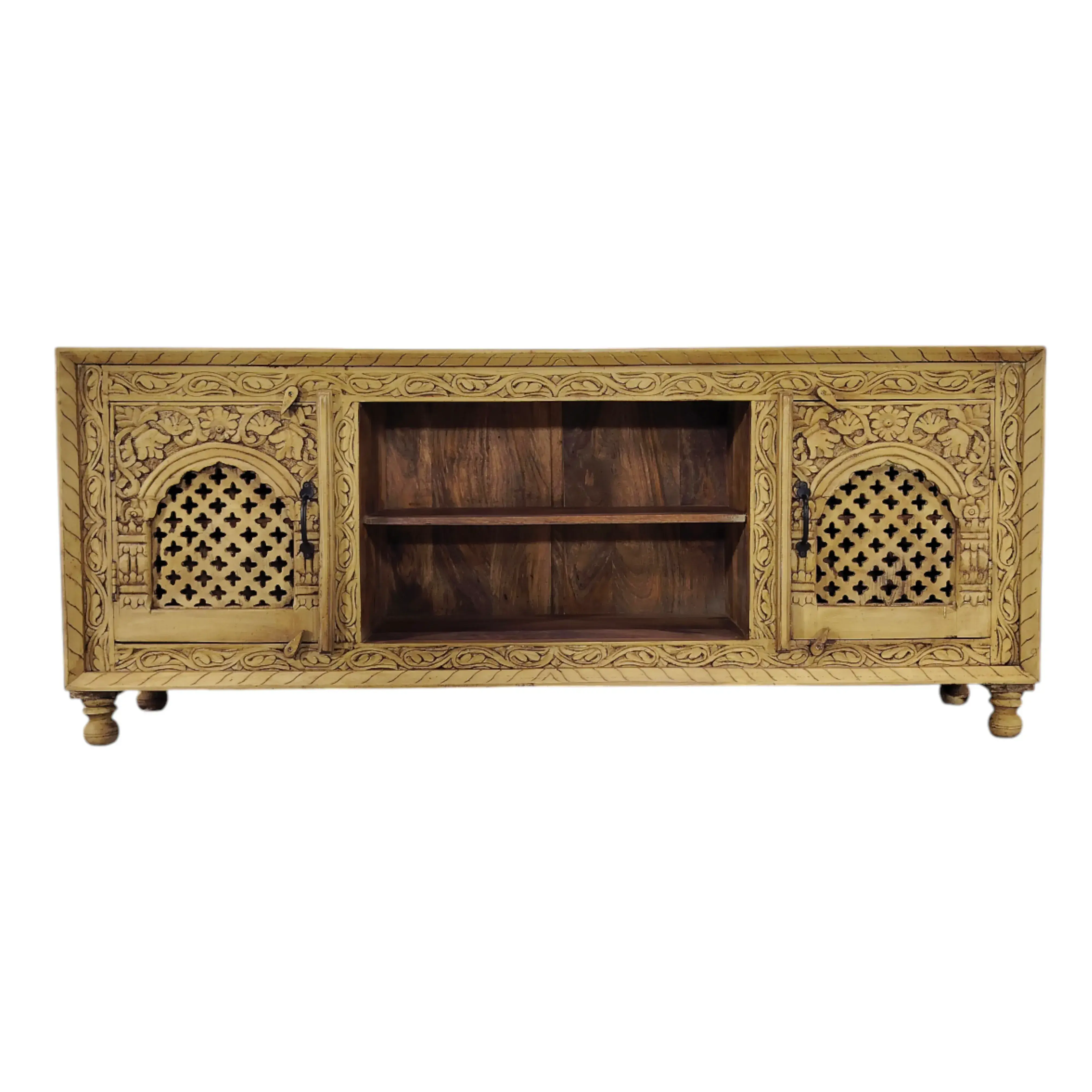 TV bench with intricate hand-carving, natural finish