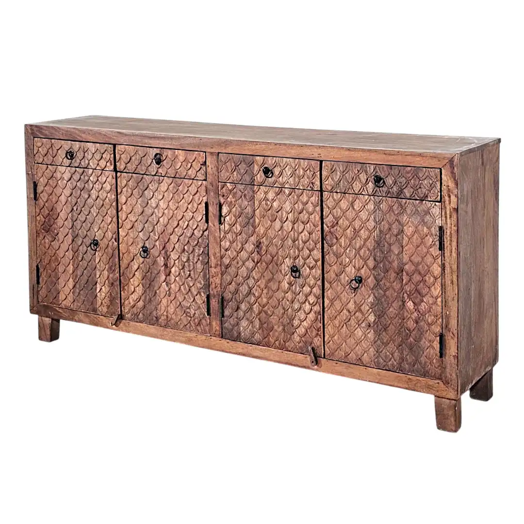 The Mahi-Puls Carved Solid Mango Wood 4-Door Sideboard