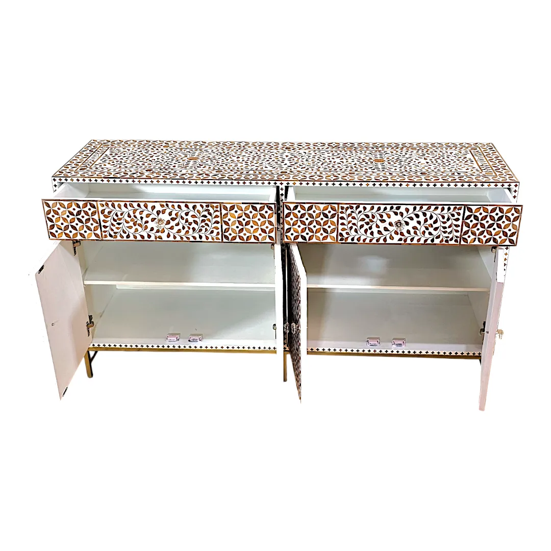 'Seville' Leaf Pattern Teak Inlay Sideboard