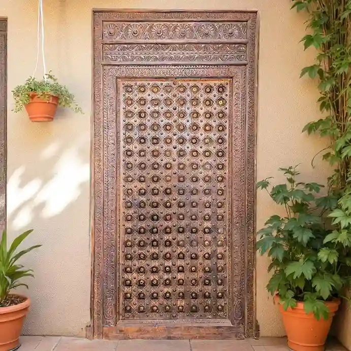 Puerta de Oro Moghul: Artisanal Brass Studded Grand Door