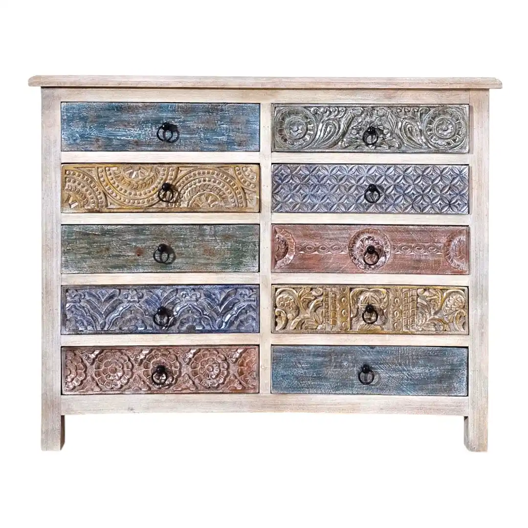 Desert Bloom 10-Drawer Carved Storage Chest