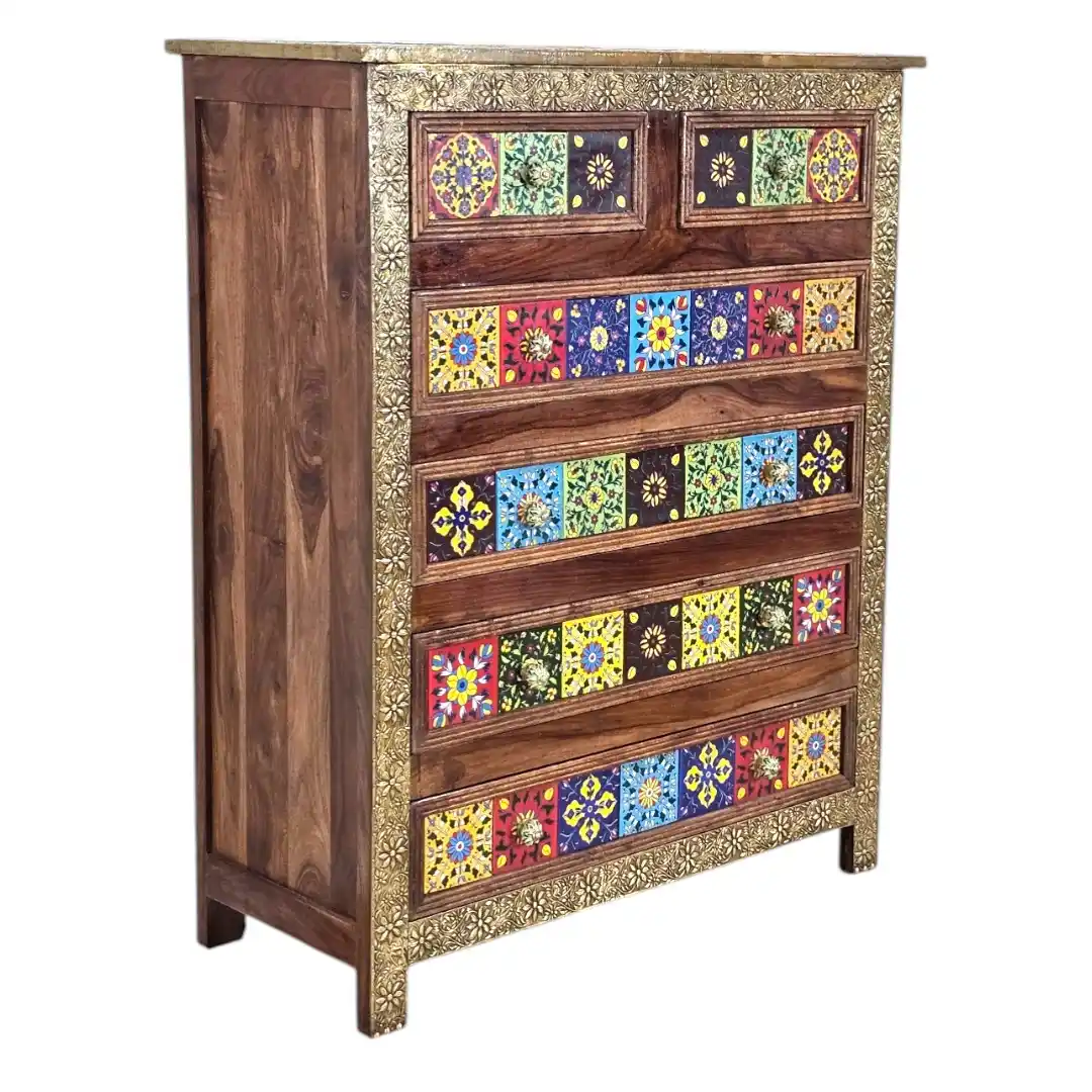 Hand-Inlaid Tile & Brass Rosewood Dresser