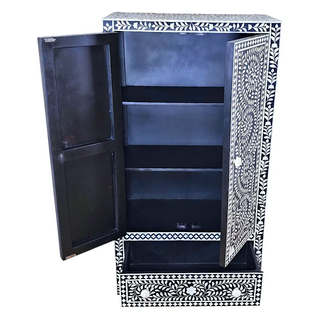 The Liana Scroll Mughal Foliage Inlaid Armoire Cabinet