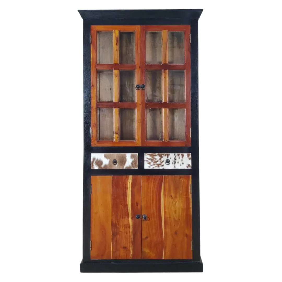 THE AMANI SOLID ACACIA & GENUINE LEATHER GLASS CABINET | خزانة أماني من خشب الأكاسيا والجلد الطبيعي والزجاج