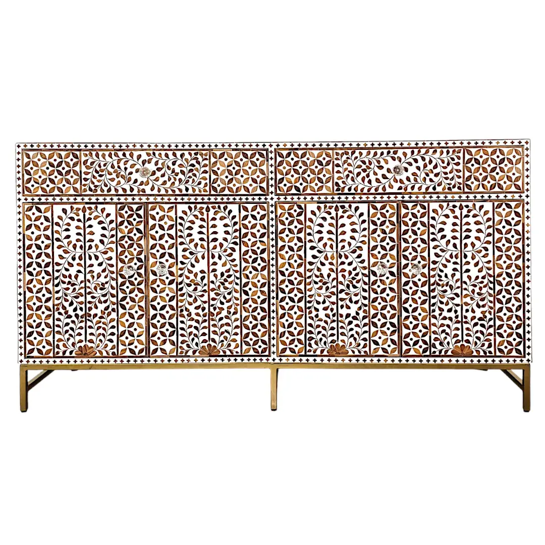 'Seville' Leaf Pattern Teak Inlay Sideboard