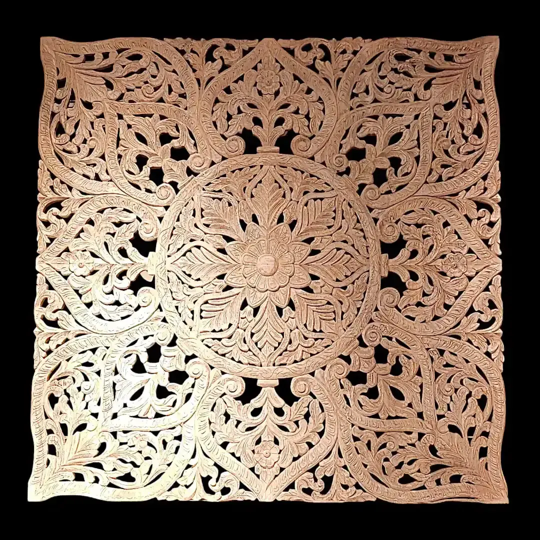Natural Wood Floral Mandala Carving | Square Panel Wall Art