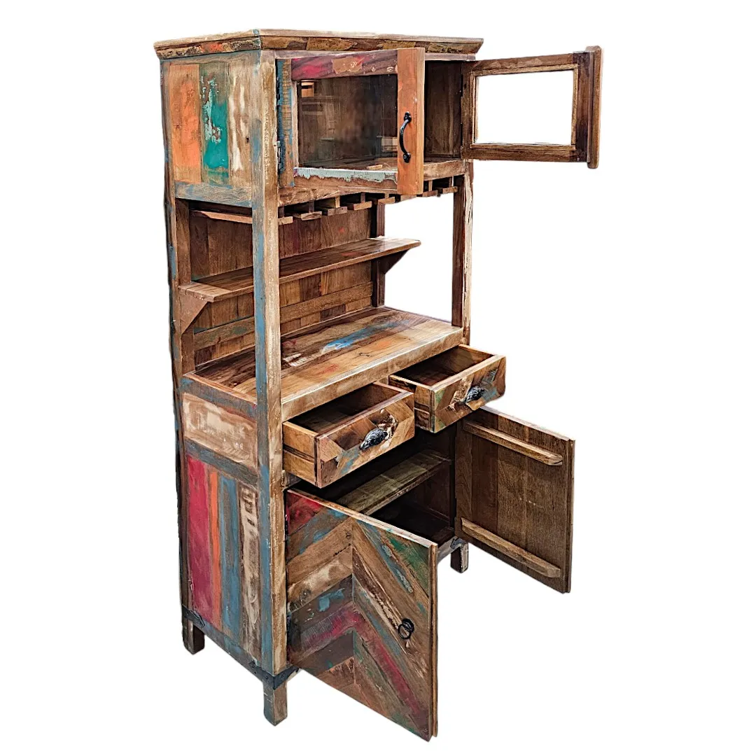 Reclaimed Wood Heritage Bar Hutch – Multicolor Chevron Finish
