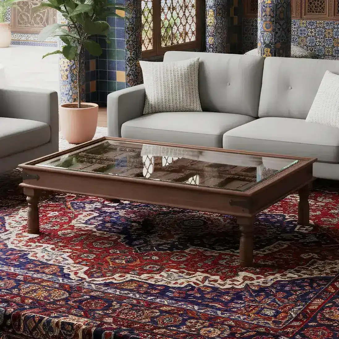 The Reclaimed Haveli Glass-Top Coffee Table