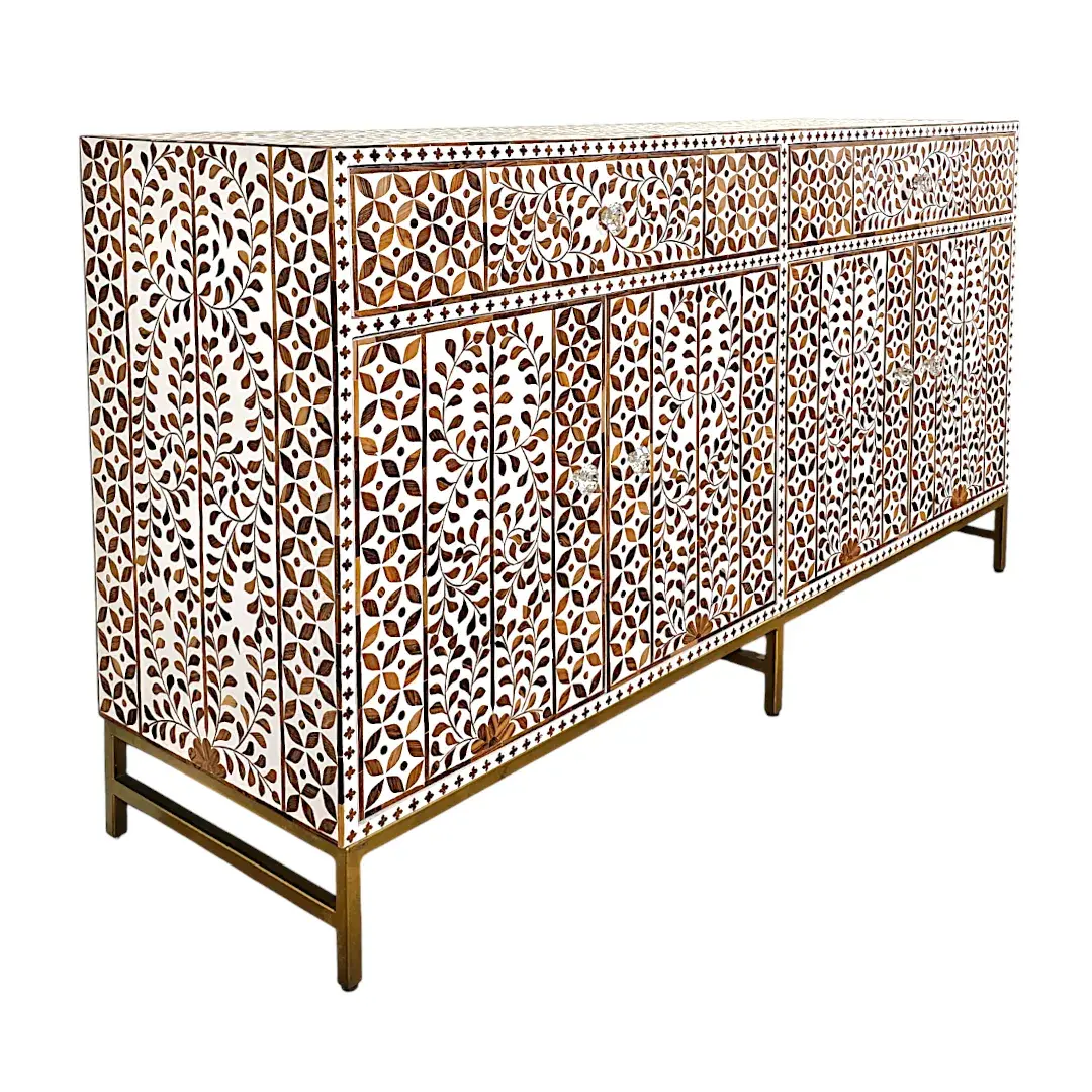'Seville' Leaf Pattern Teak Inlay Sideboard