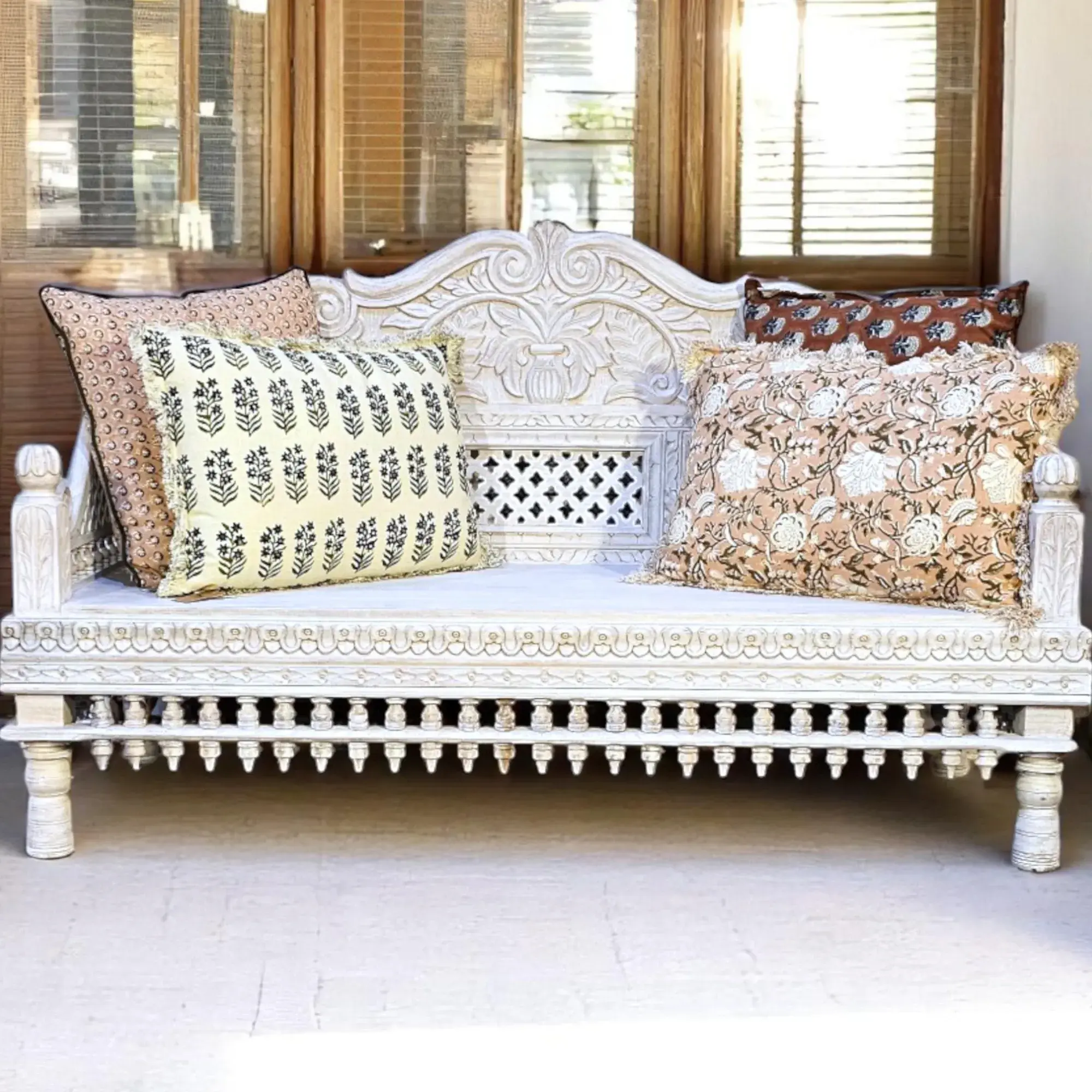 Artisan Crafted Carved Wood Bench