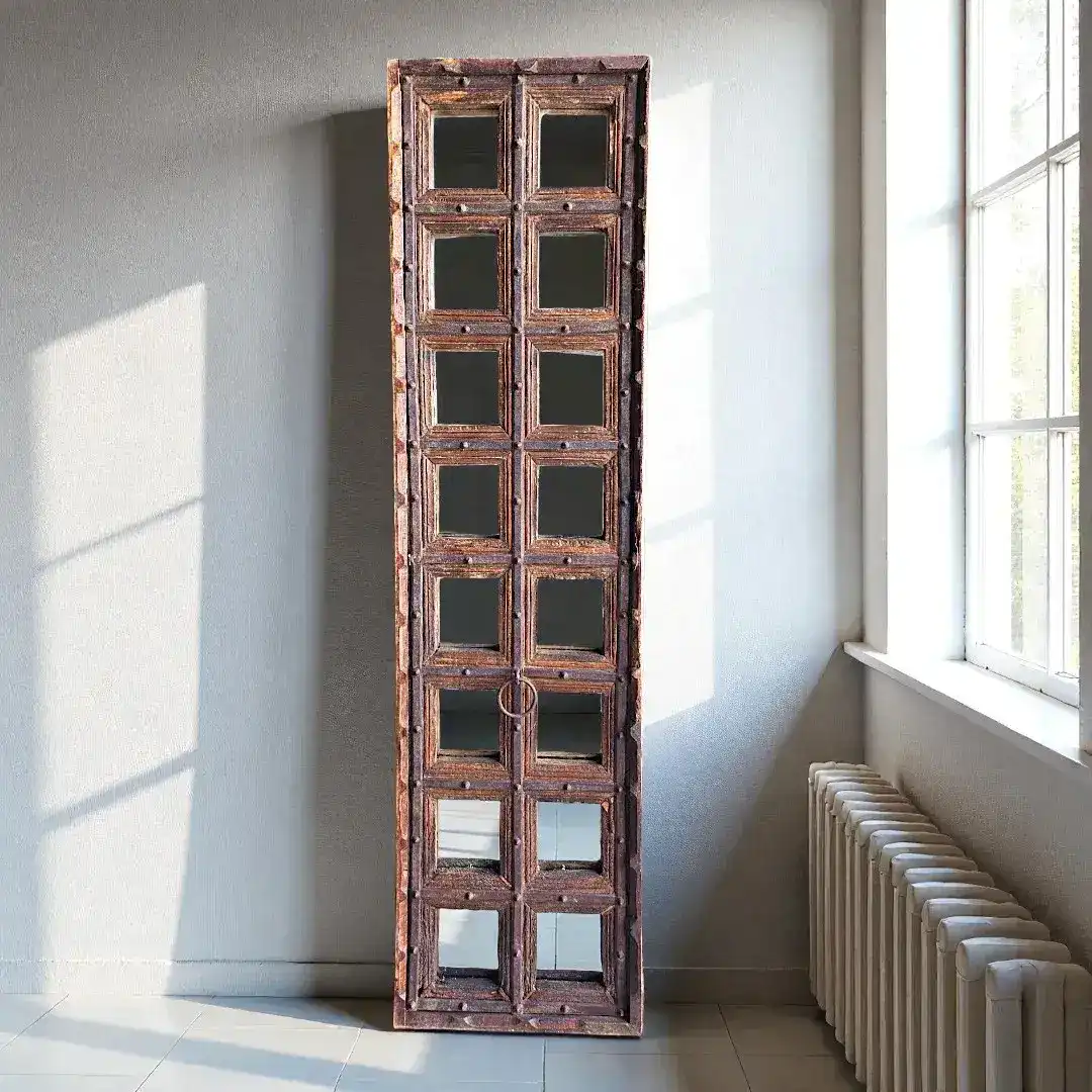 Antiqued Wood Square-Grid Leaning Mirror Panel