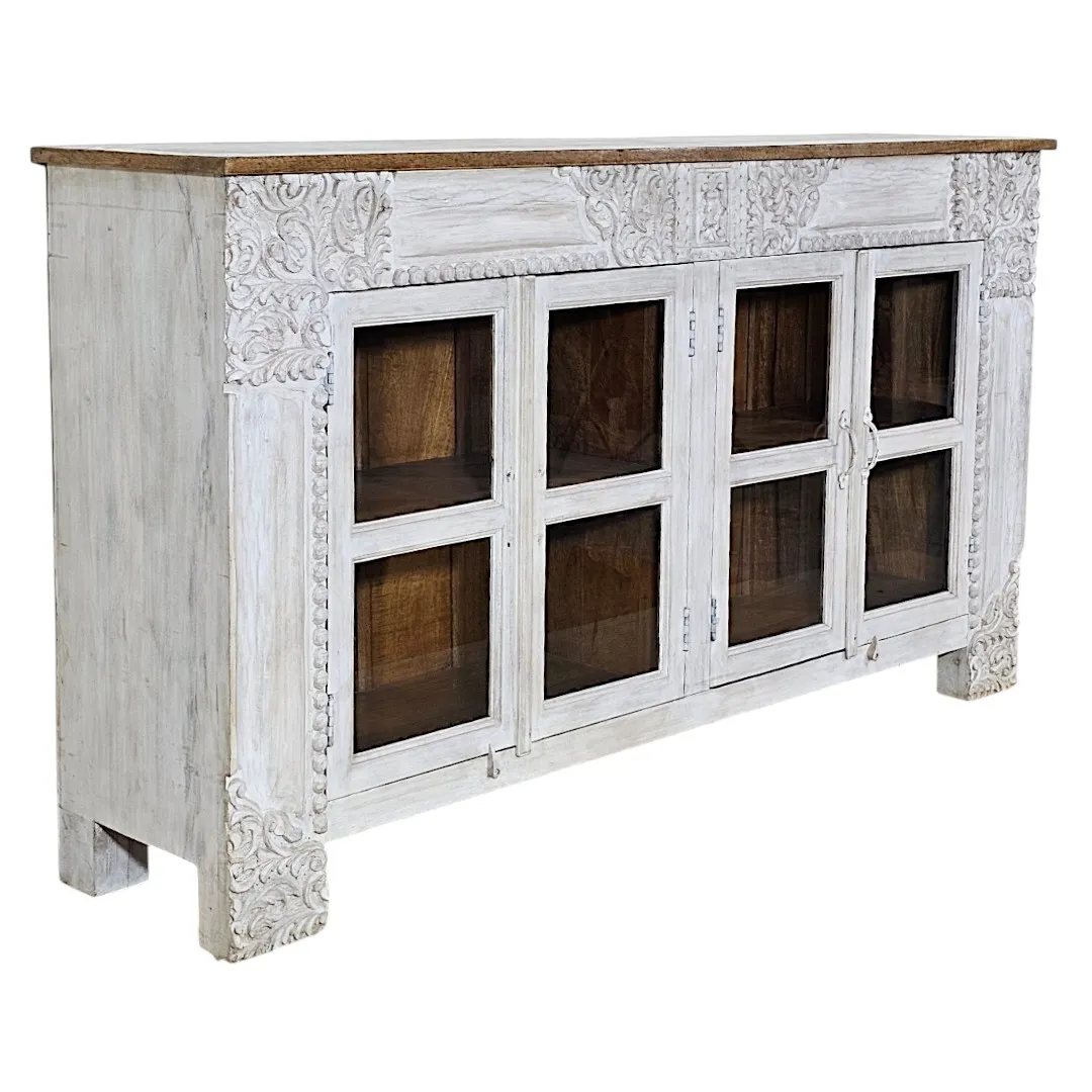 The Sanchi Glass-Fronted Mango Wood Sideboard/Credenza