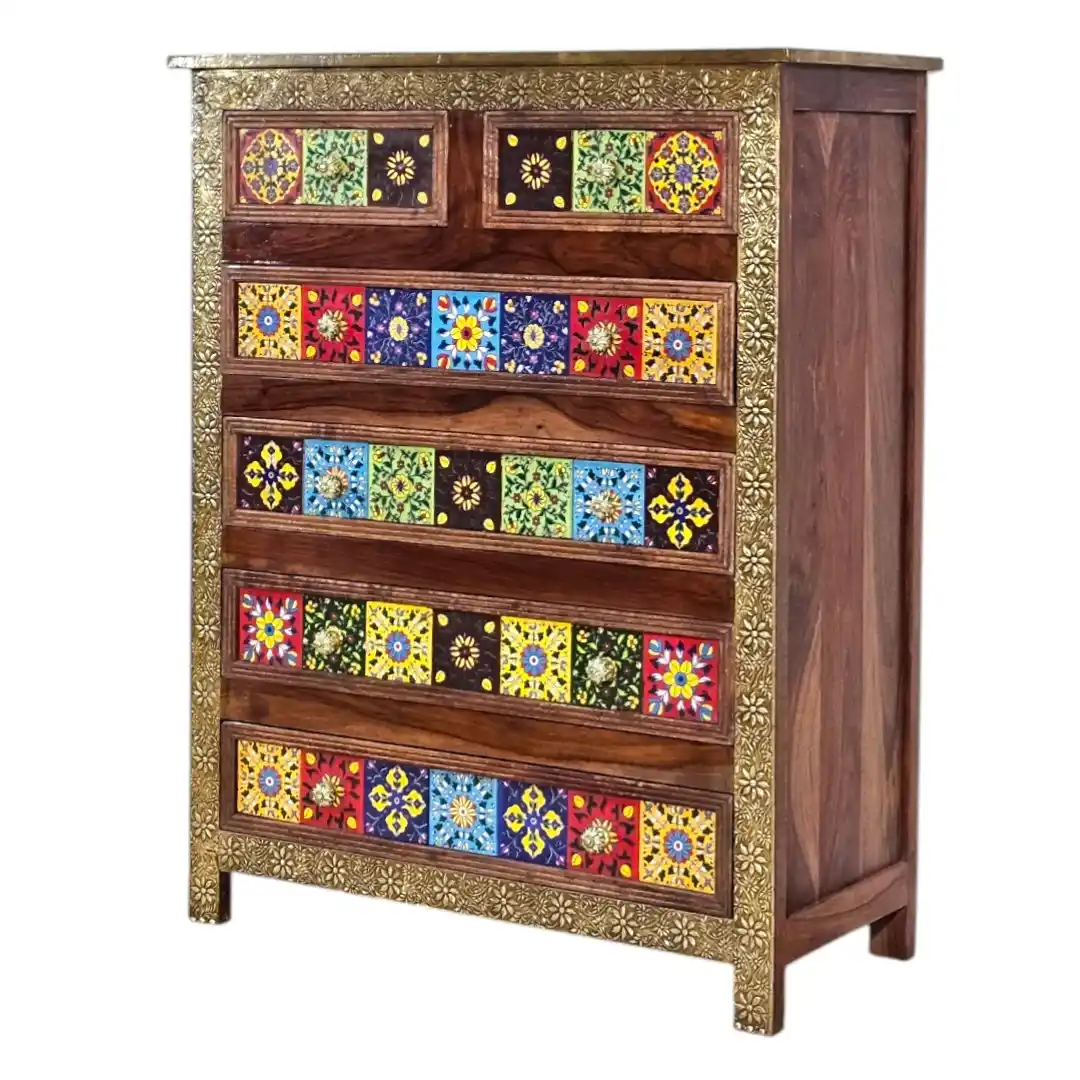 Hand-Inlaid Tile & Brass Rosewood Dresser