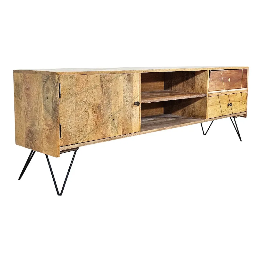 "Aura" Brass-Ribbed Mango Console / وحدة تلفاز "أورا" بالخشب والنحاس