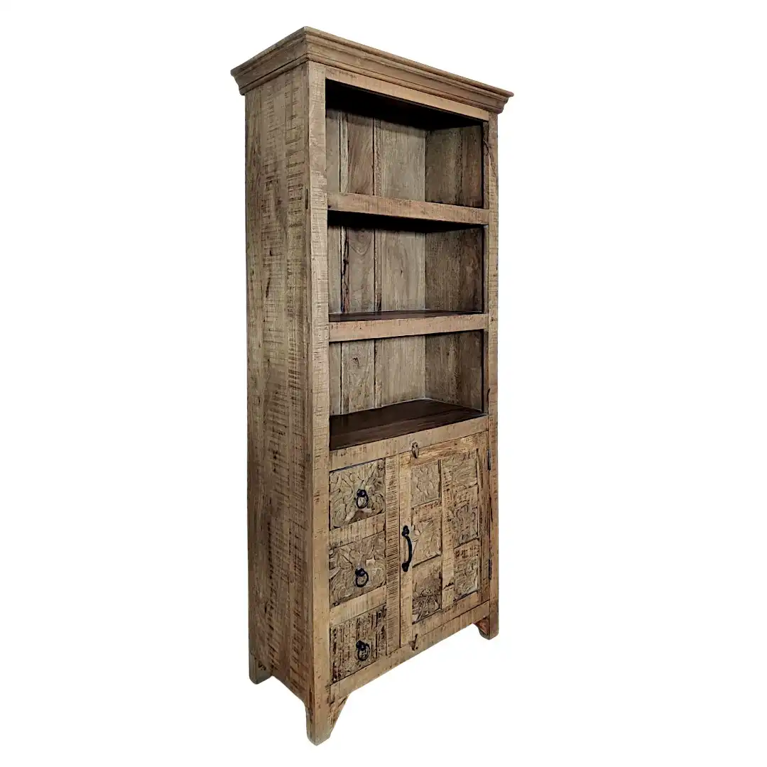 The Avalon Carved Solid Mango Bookcase Cabinet | خزانة كتب أفالون المنحوتة من المانجو