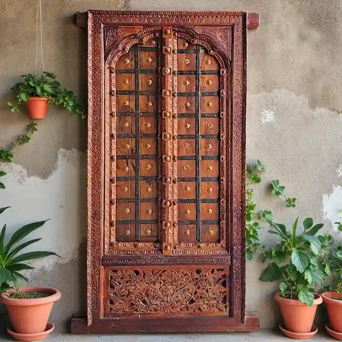 Heritage Carved Wood Door Panel with Brass Details