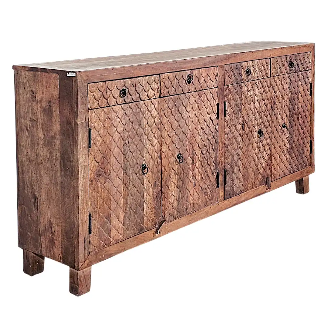 The Mahi-Puls Carved Solid Mango Wood 4-Door Sideboard