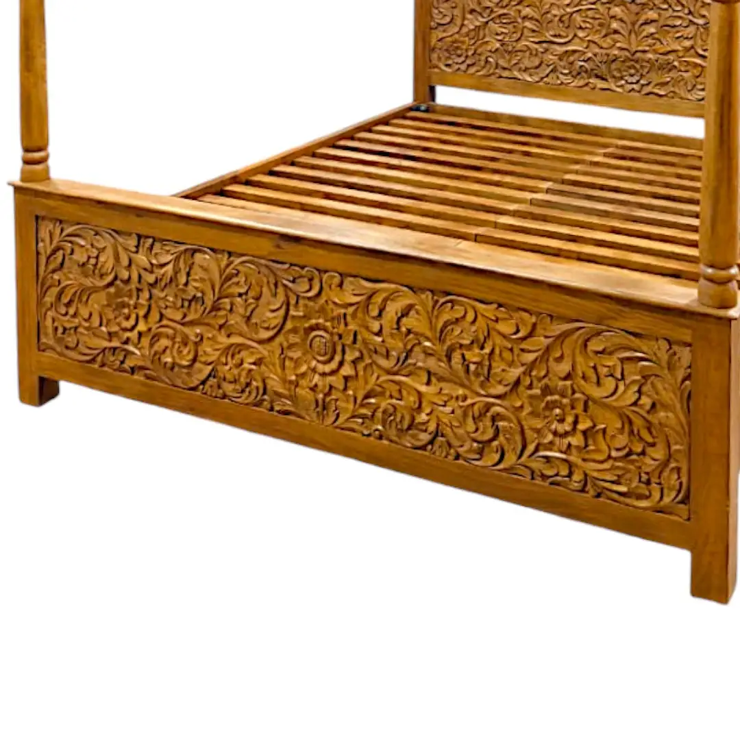 Al-Qasr Majestique Hand-Carved Mango Wood Canopy Bed