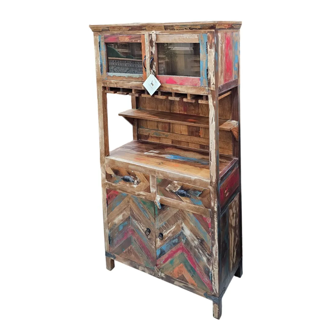 Reclaimed Wood Heritage Bar Hutch – Multicolor Chevron Finish