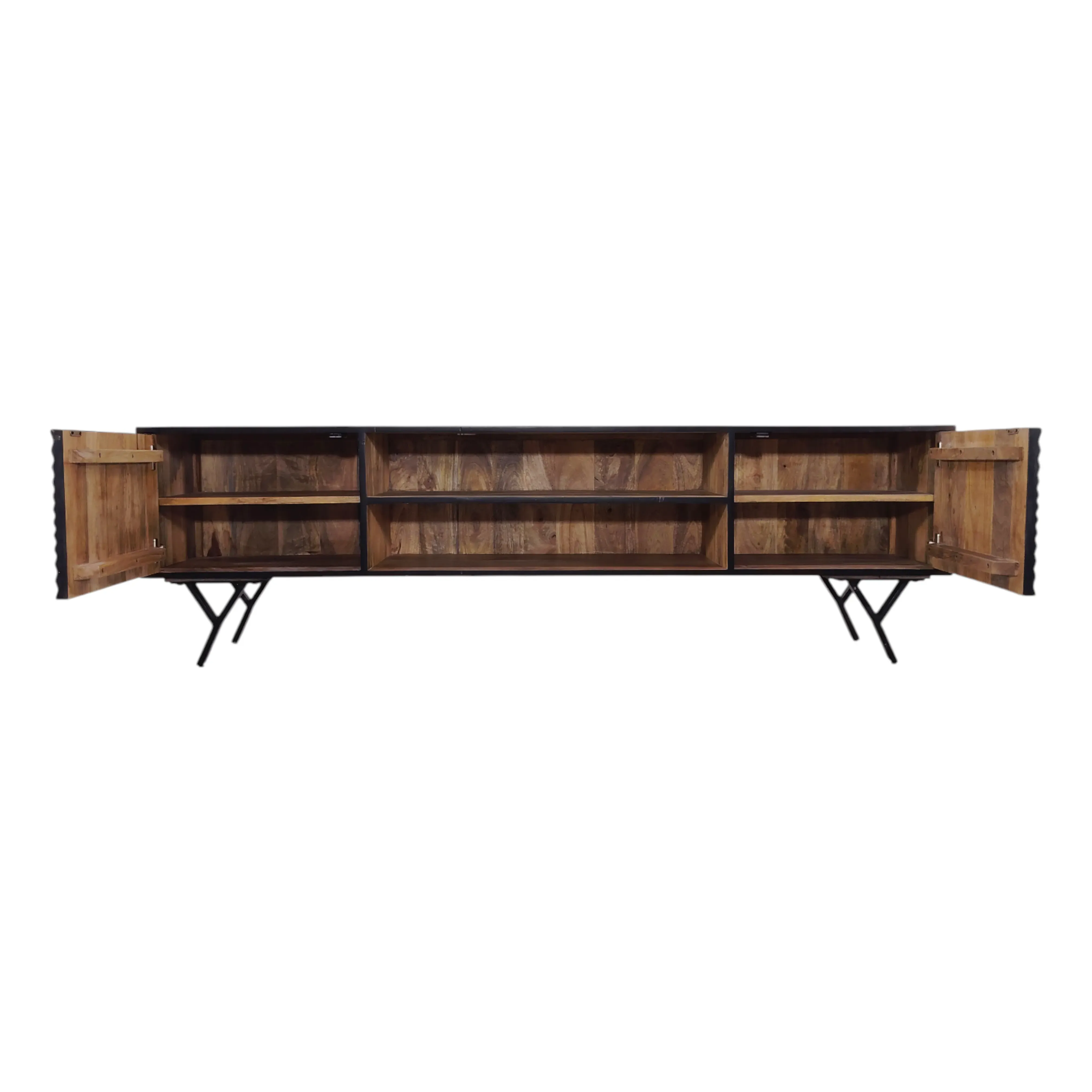 TV bench with intricate hand-carving, natural finish