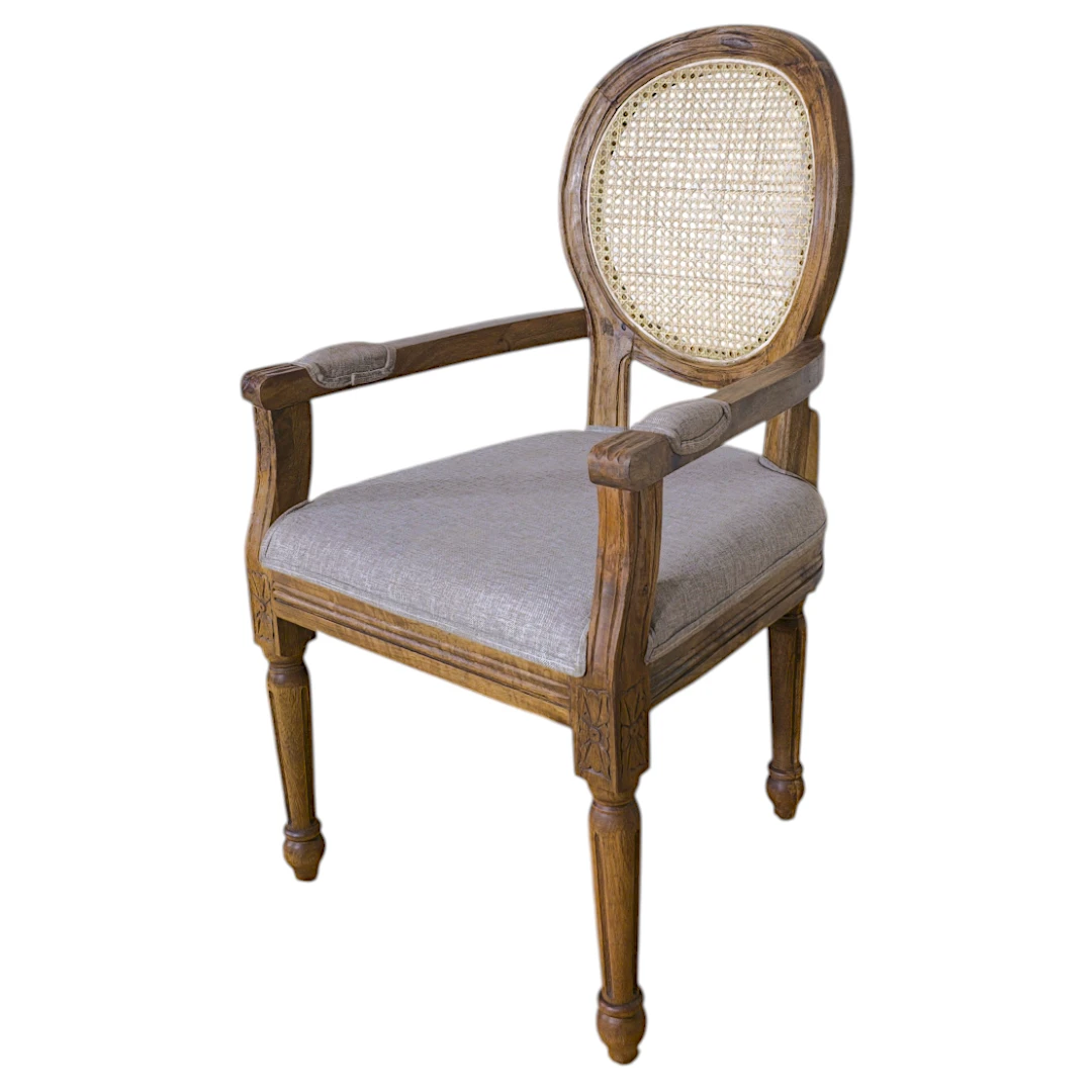 Louis XVI Cane & Linen Accent Chair
