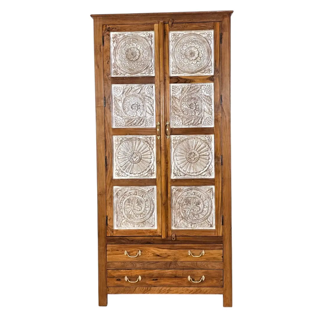Botanical Relief Teak Armoire