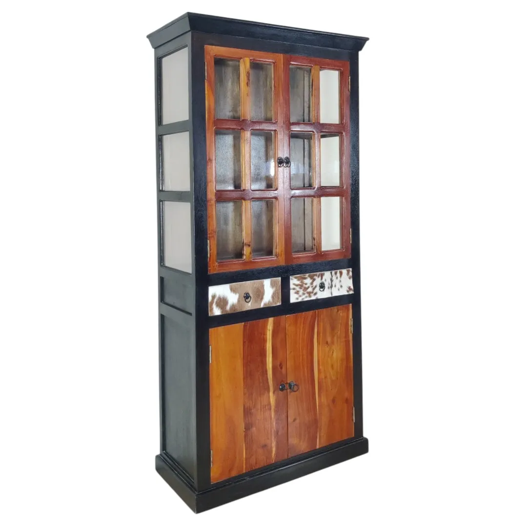 THE AMANI SOLID ACACIA & GENUINE LEATHER GLASS CABINET | خزانة أماني من خشب الأكاسيا والجلد الطبيعي والزجاج