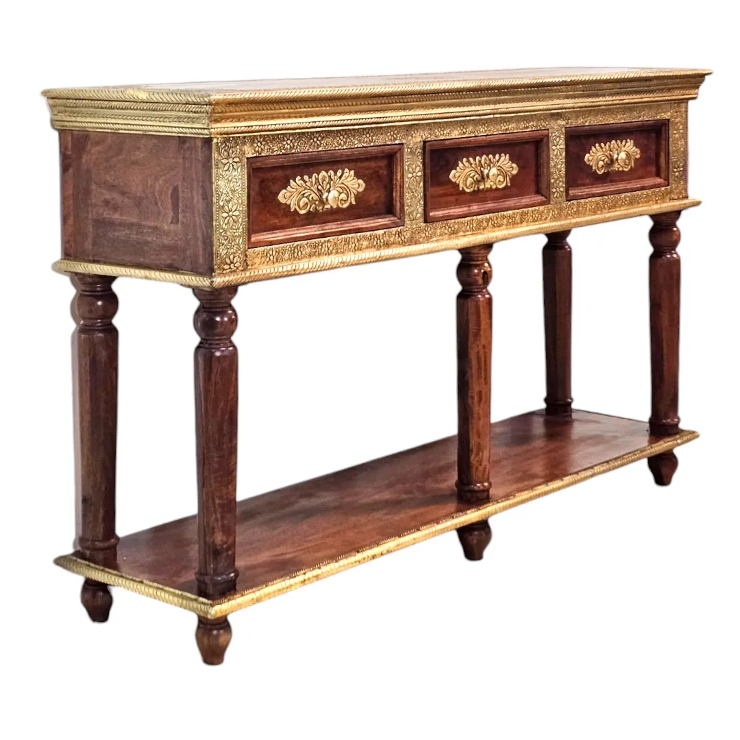 Gul-Dasta Brass & Sheesham 3-Drawer Table