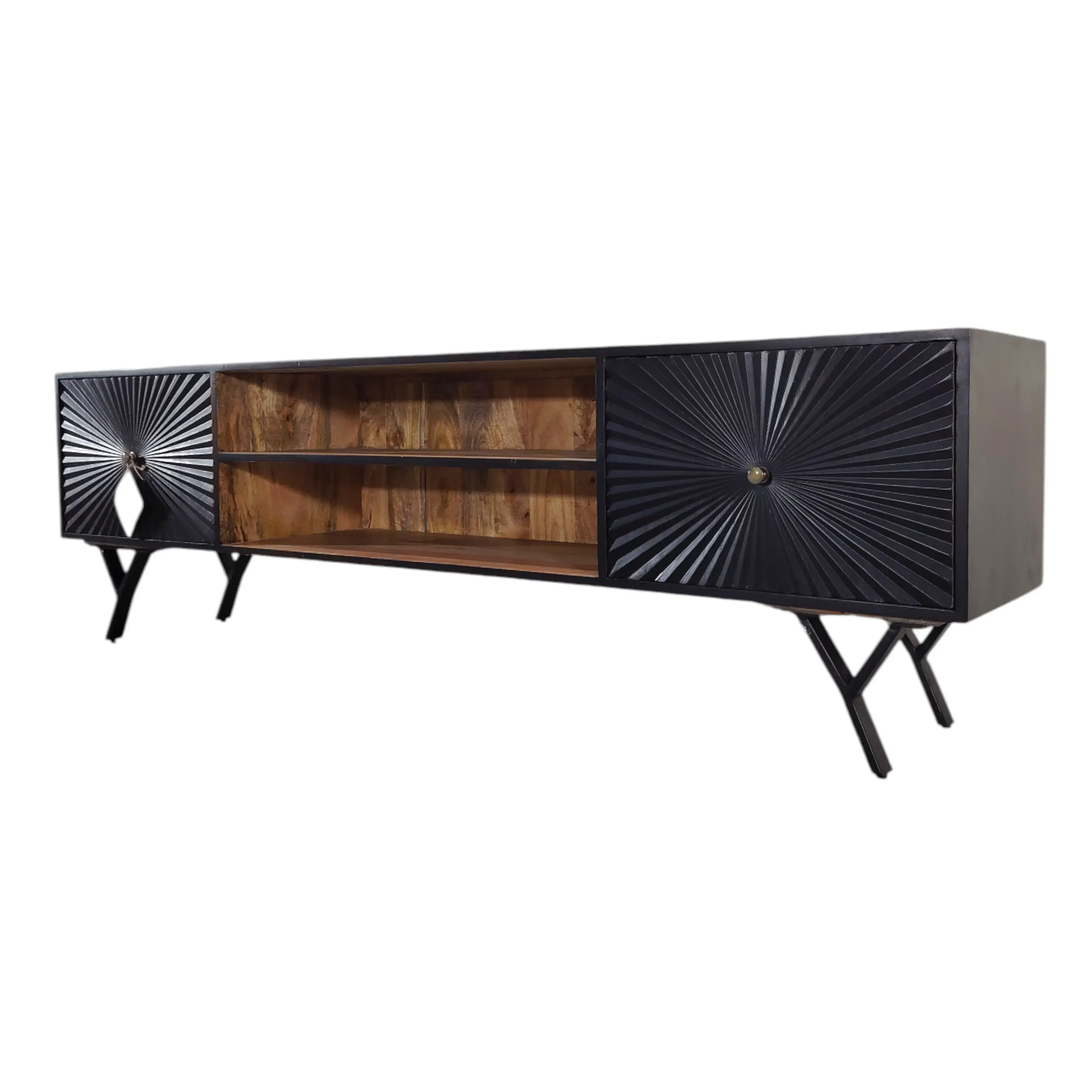 TV bench with patterned doors, black