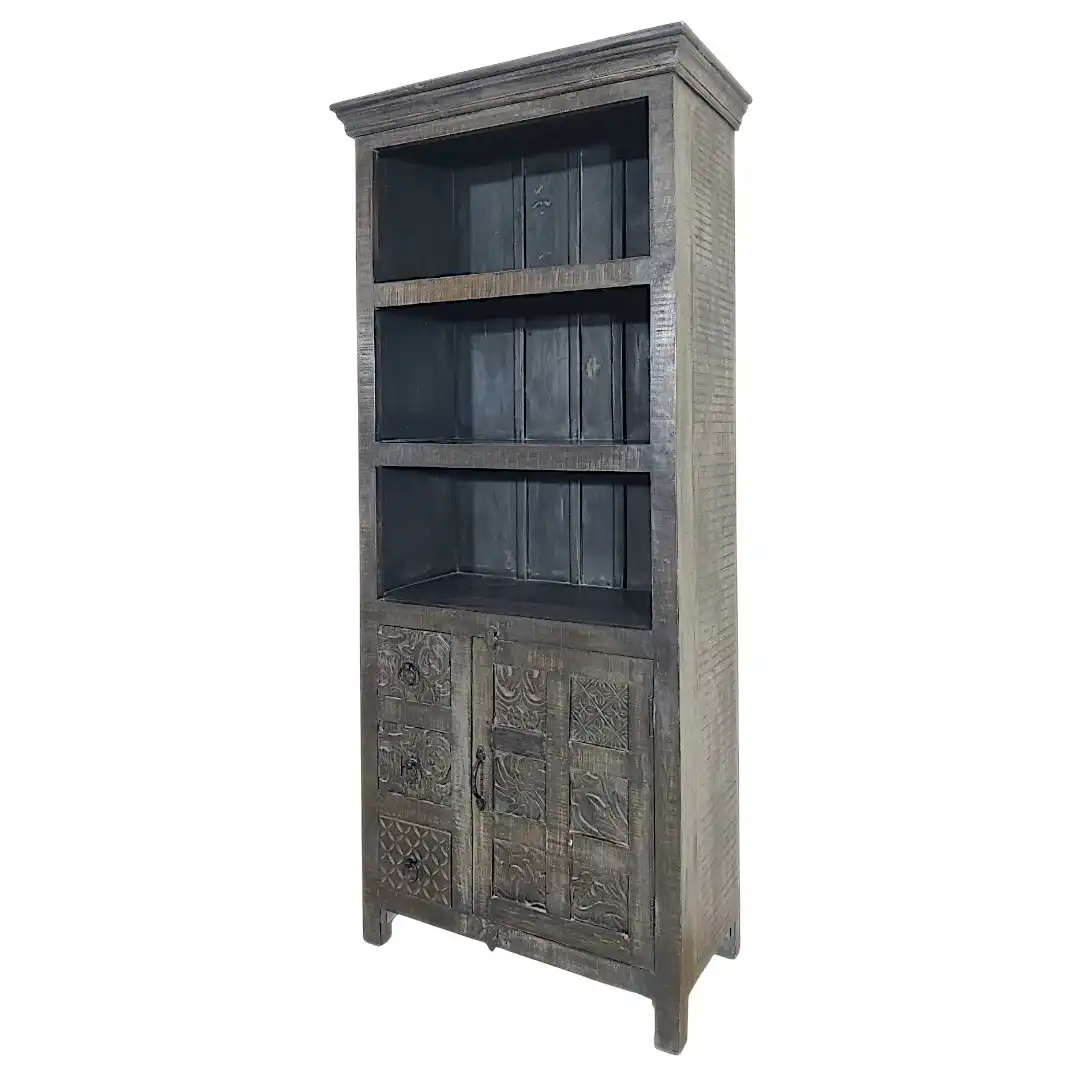 The Avalon Carved Solid Mango Bookcase Cabinet | خزانة كتب أفالون المنحوتة من المانجو