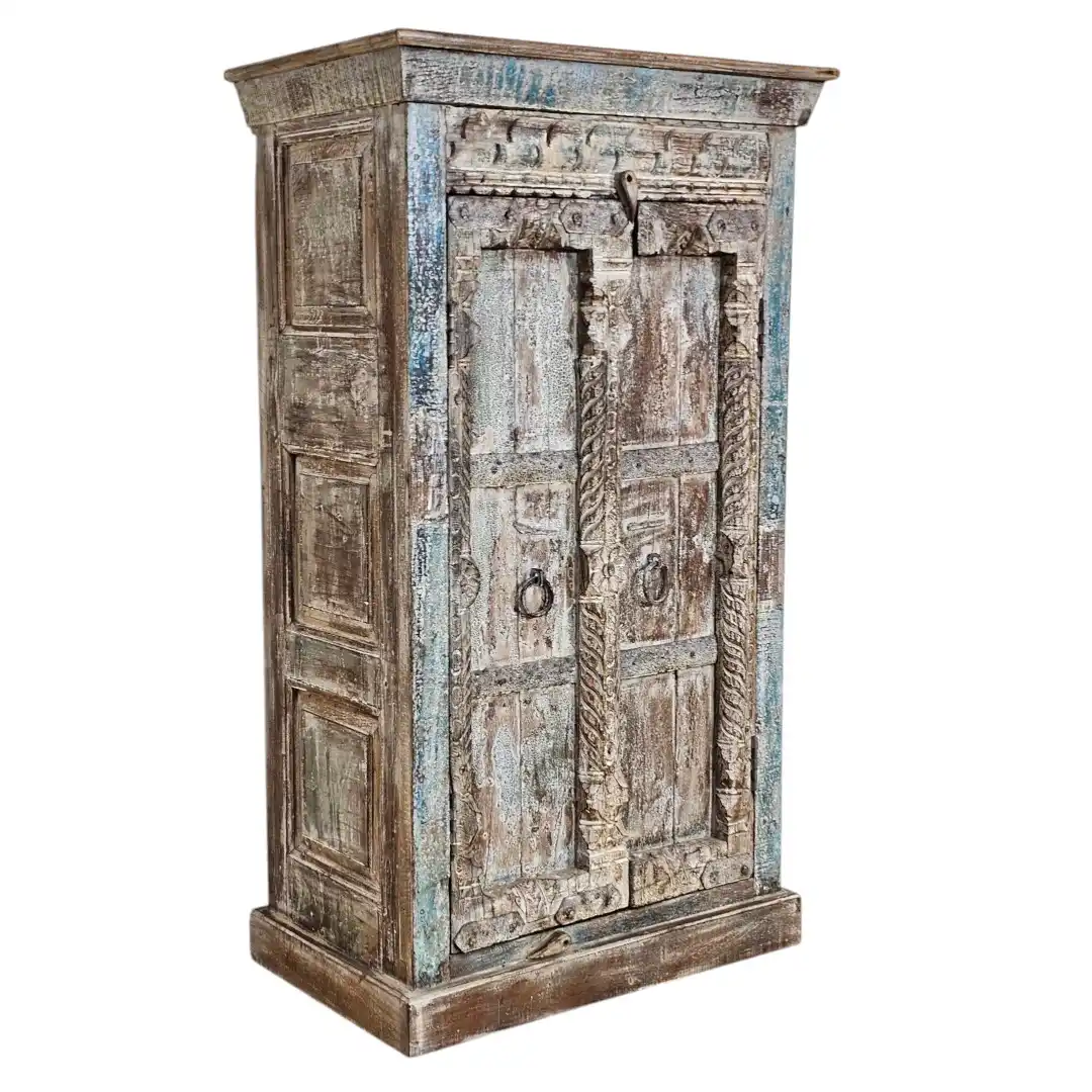 Carved Reclaimed Wood Narrow Cabinet