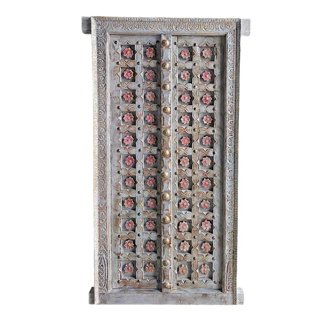 Puerta Flor Rosa: Patina Carved Door with Rosette Inlays