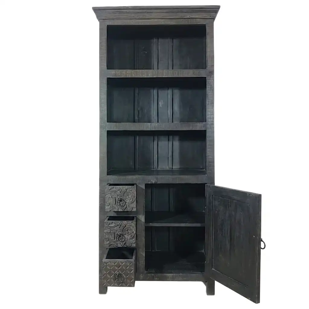 The Avalon Carved Solid Mango Bookcase Cabinet | خزانة كتب أفالون المنحوتة من المانجو