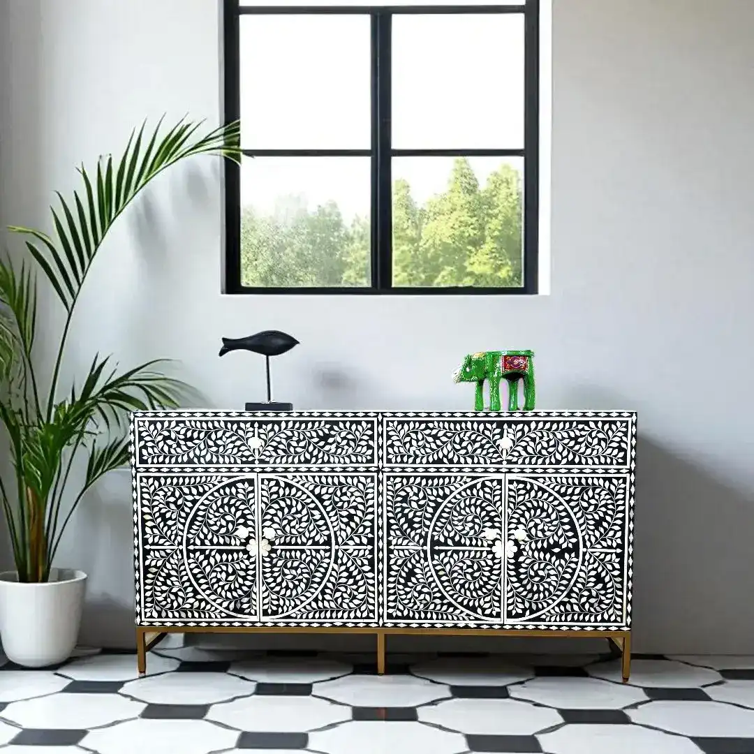 The “Marquetry Mirage” Bone Inlay Credenza Black