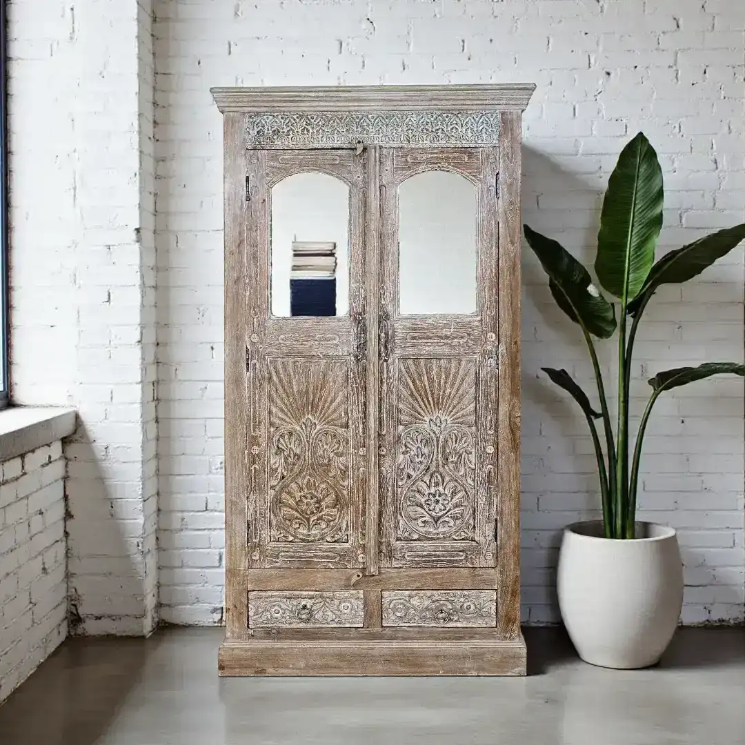 European Relief Mirrored Armoire