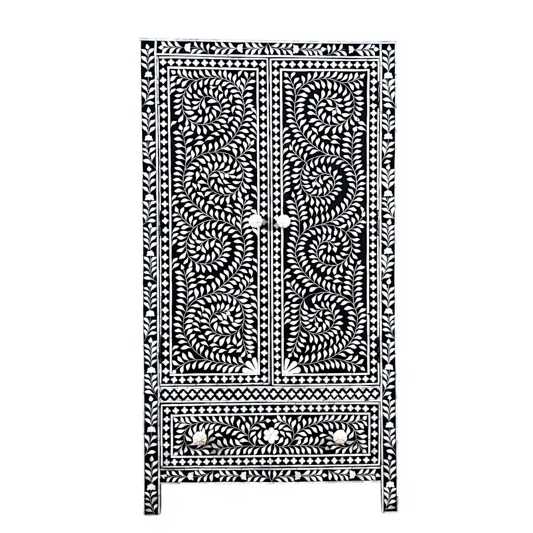 The Liana Scroll Mughal Foliage Inlaid Armoire Cabinet